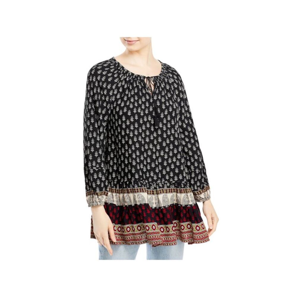 BEACHLUNCHLOUNGE COLLECTION Womens Black Tie Long Sleeve Peasant Top S